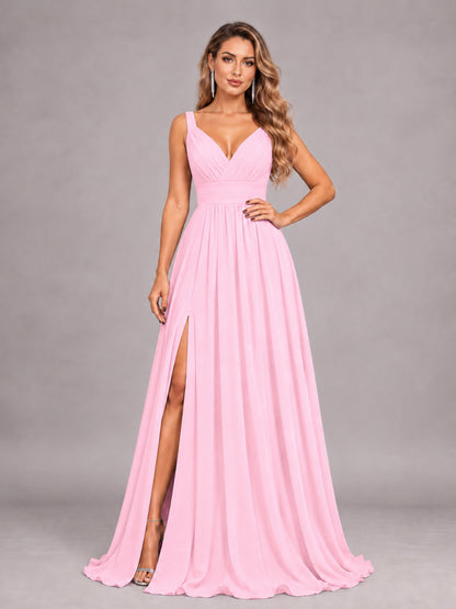Candy Pink Attractive Deep V-Neck Sleeveless Slit Chiffon Bridesmaid Dress