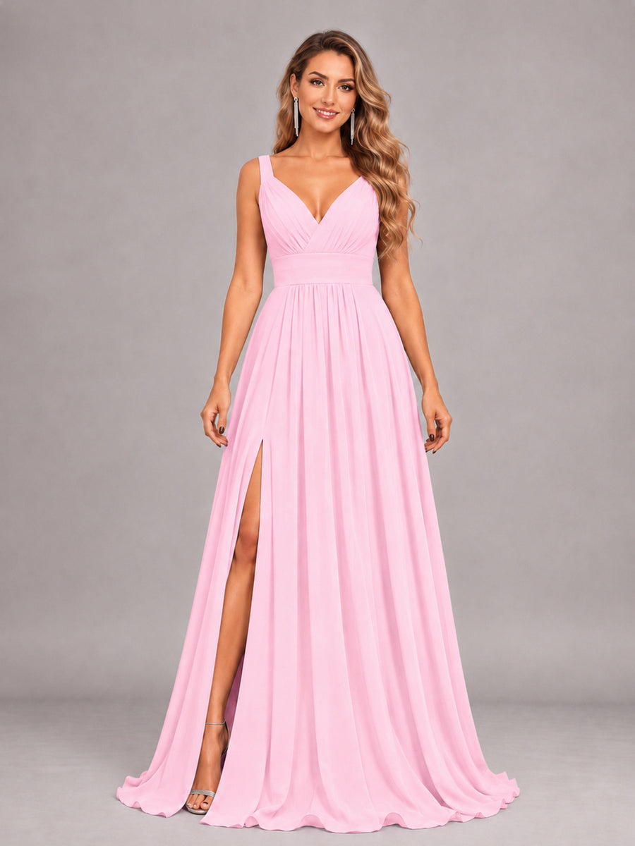 Candy Pink Attractive Deep V-Neck Sleeveless Slit Chiffon Bridesmaid Dress