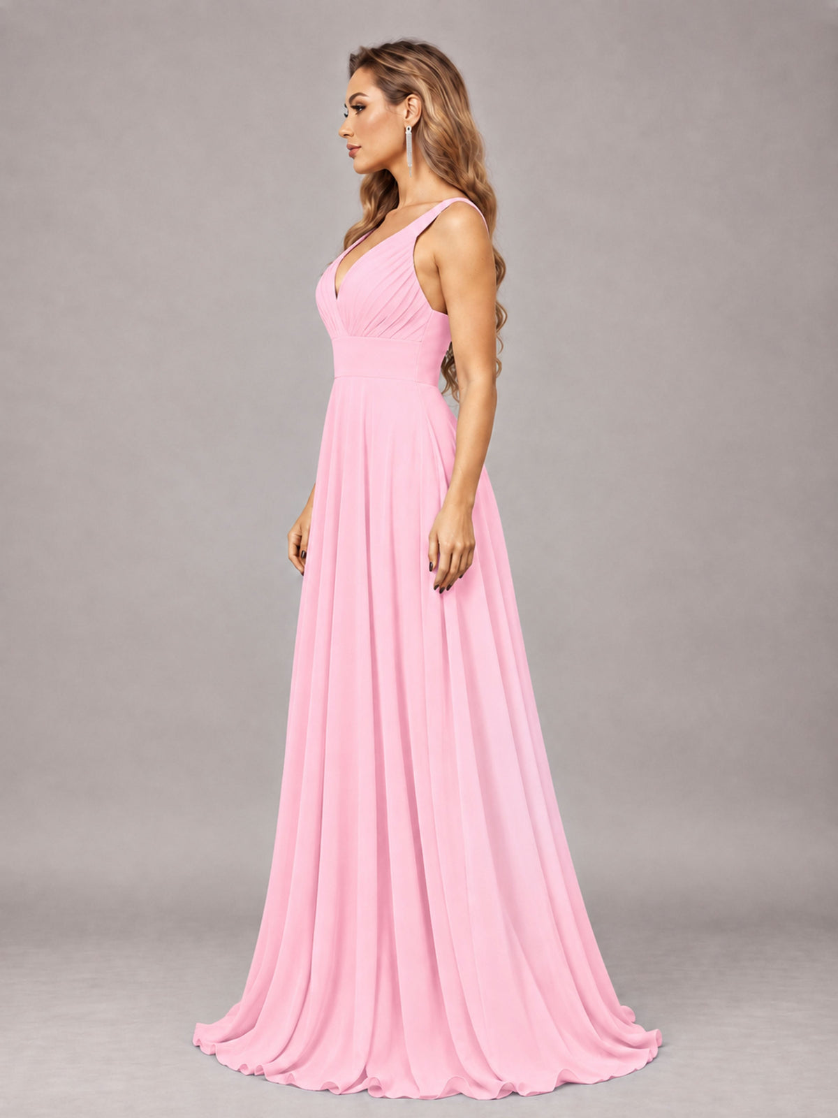 Candy Pink Attractive Deep V-Neck Sleeveless Slit Chiffon Bridesmaid Dress