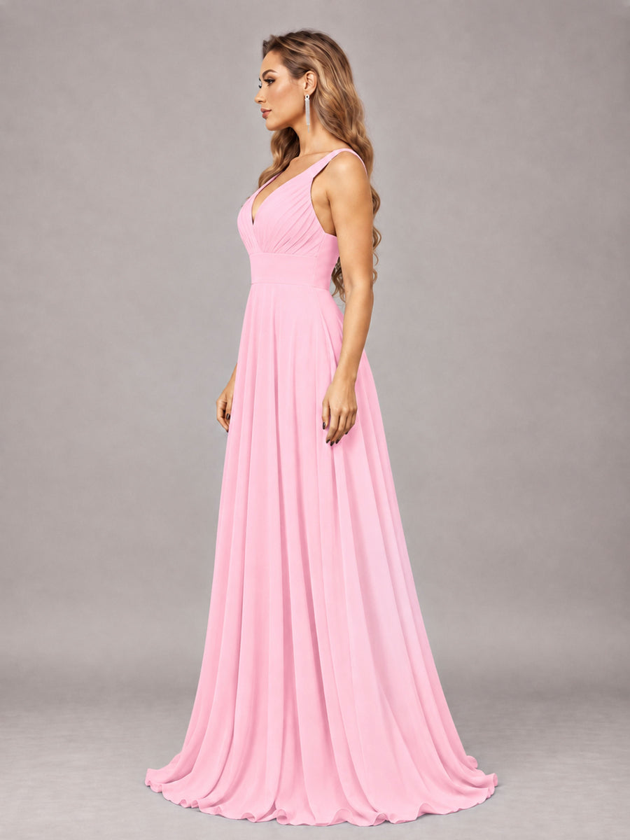 Candy Pink Attractive Deep V-Neck Sleeveless Slit Chiffon Bridesmaid Dress