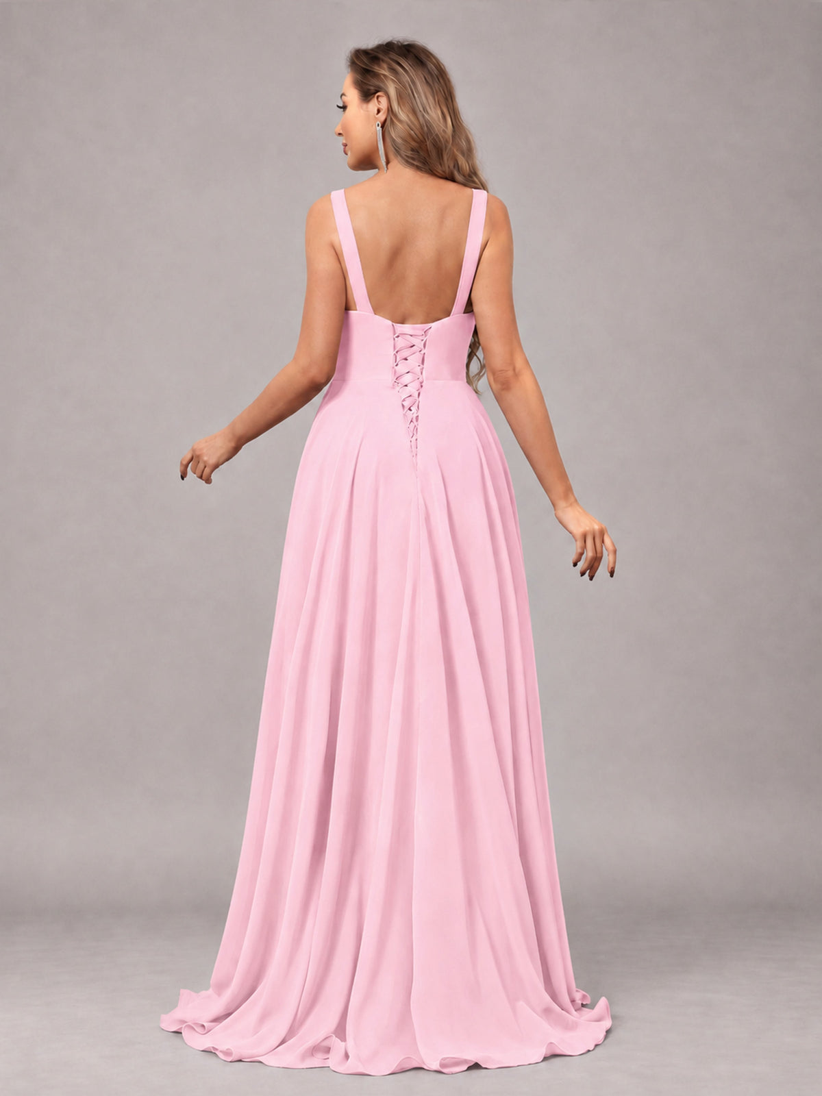 Candy Pink Attractive Deep V-Neck Sleeveless Slit Chiffon Bridesmaid Dress