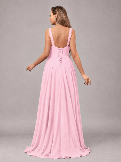 Candy Pink Attractive Deep V-Neck Sleeveless Slit Chiffon Bridesmaid Dress
