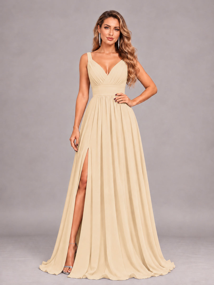Champagne Attractive Deep V-Neck Sleeveless Slit Chiffon Bridesmaid Dress