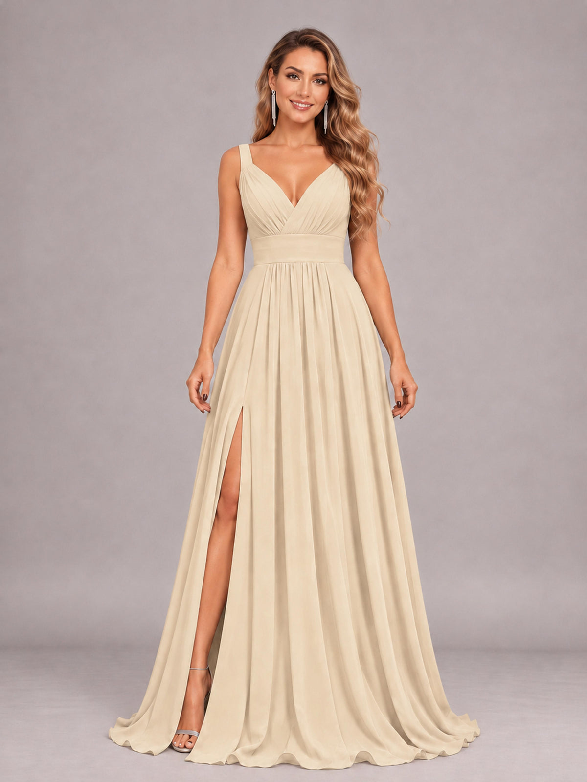 Champagne Attractive Deep V-Neck Sleeveless Slit Chiffon Bridesmaid Dress