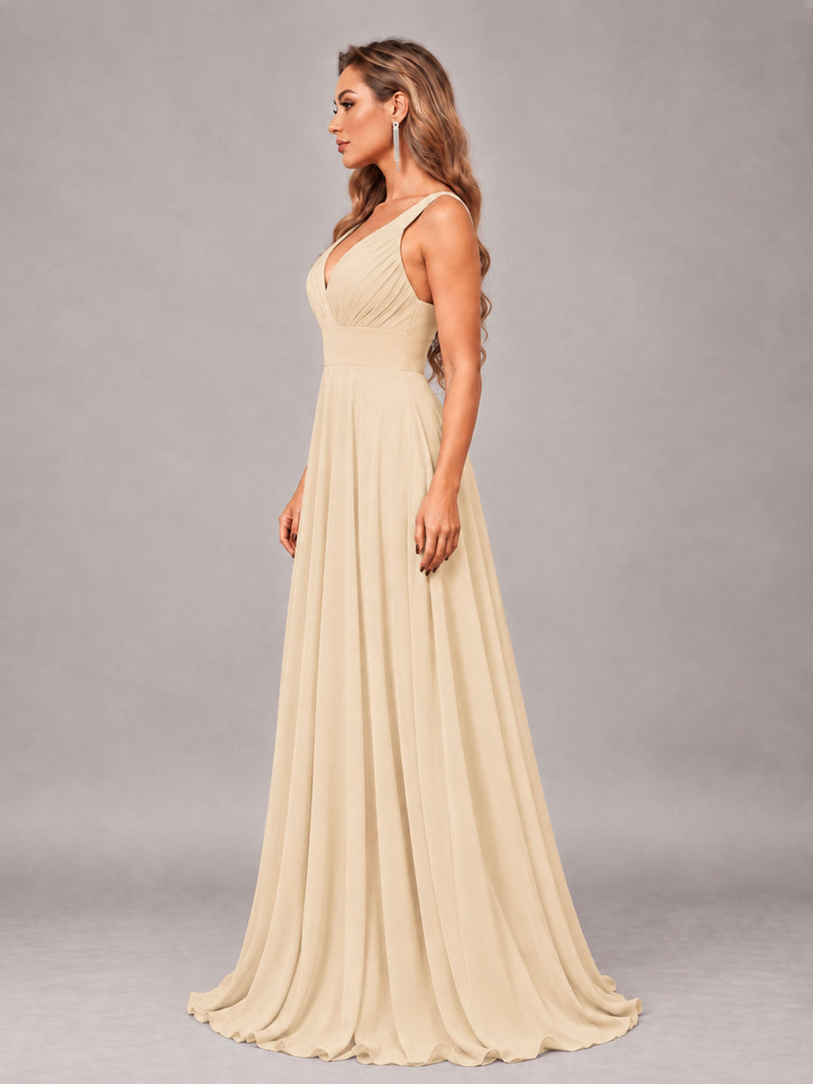 Champagne Attractive Deep V-Neck Sleeveless Slit Chiffon Bridesmaid Dress