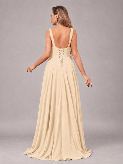 Champagne Attractive Deep V-Neck Sleeveless Slit Chiffon Bridesmaid Dress