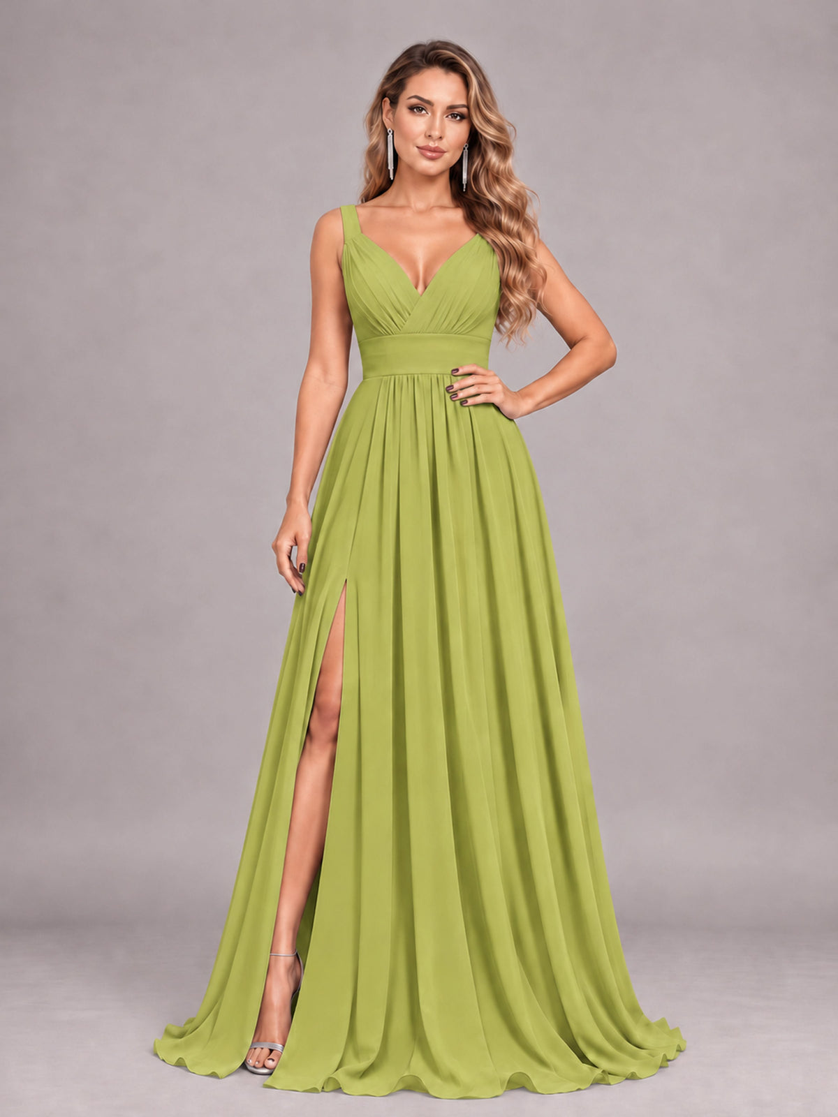 Chartreuse Attractive Deep V-Neck Sleeveless Slit Chiffon Bridesmaid Dress