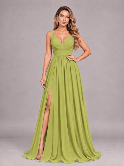 Chartreuse Attractive Deep V-Neck Sleeveless Slit Chiffon Bridesmaid Dress