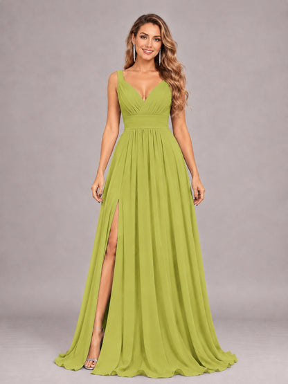Chartreuse Attractive Deep V-Neck Sleeveless Slit Chiffon Bridesmaid Dress