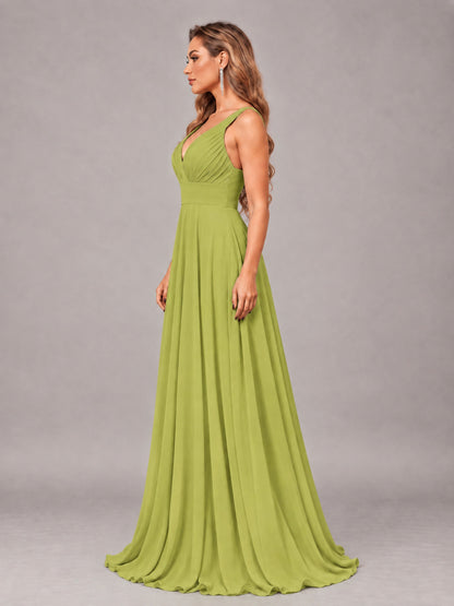 Chartreuse Attractive Deep V-Neck Sleeveless Slit Chiffon Bridesmaid Dress