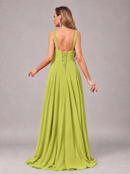 Chartreuse Attractive Deep V-Neck Sleeveless Slit Chiffon Bridesmaid Dress