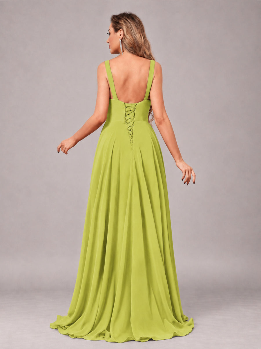 Chartreuse Attractive Deep V-Neck Sleeveless Slit Chiffon Bridesmaid Dress