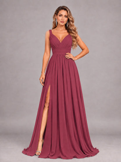 Cinnamon Rose Attractive Deep V-Neck Sleeveless Slit Chiffon Bridesmaid Dress
