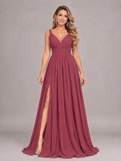 Cinnamon Rose Attractive Deep V-Neck Sleeveless Slit Chiffon Bridesmaid Dress