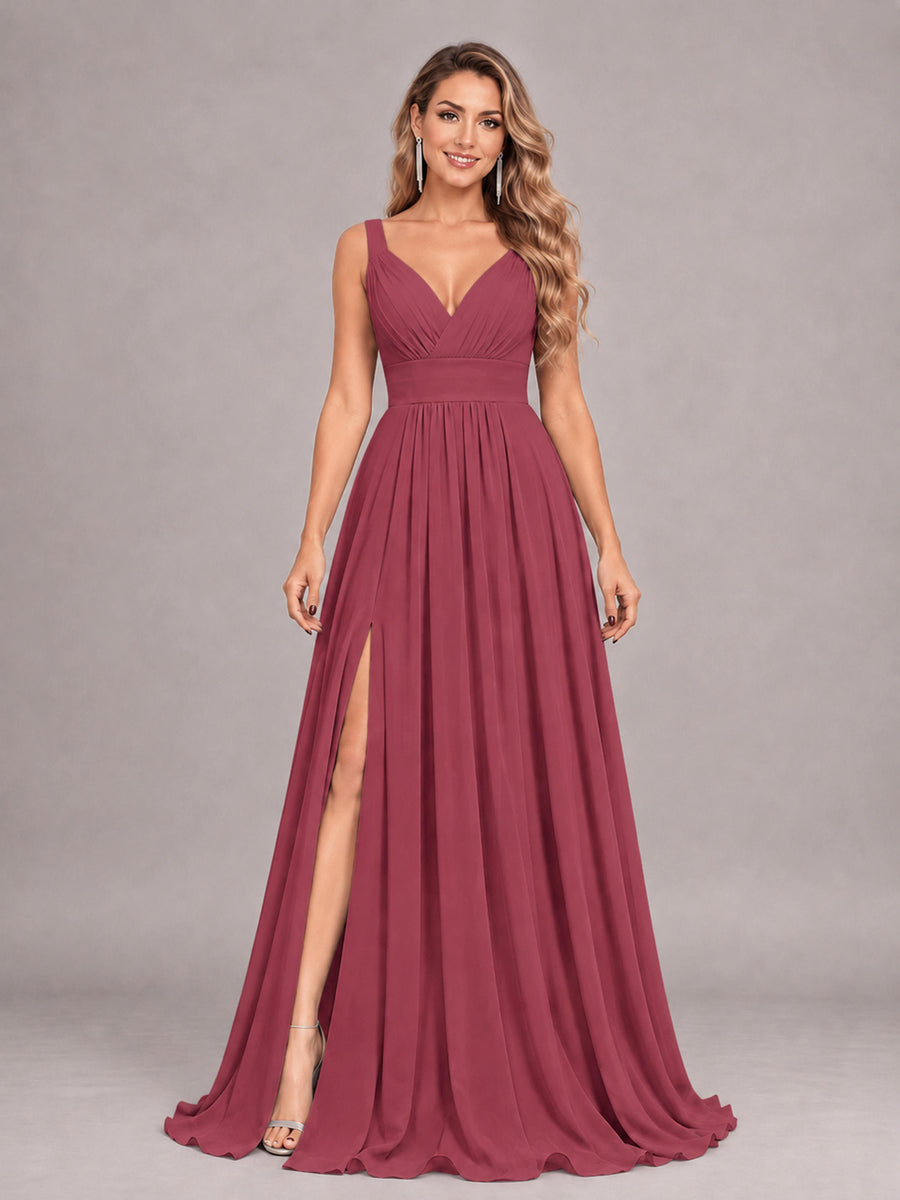 Cinnamon Rose Attractive Deep V-Neck Sleeveless Slit Chiffon Bridesmaid Dress