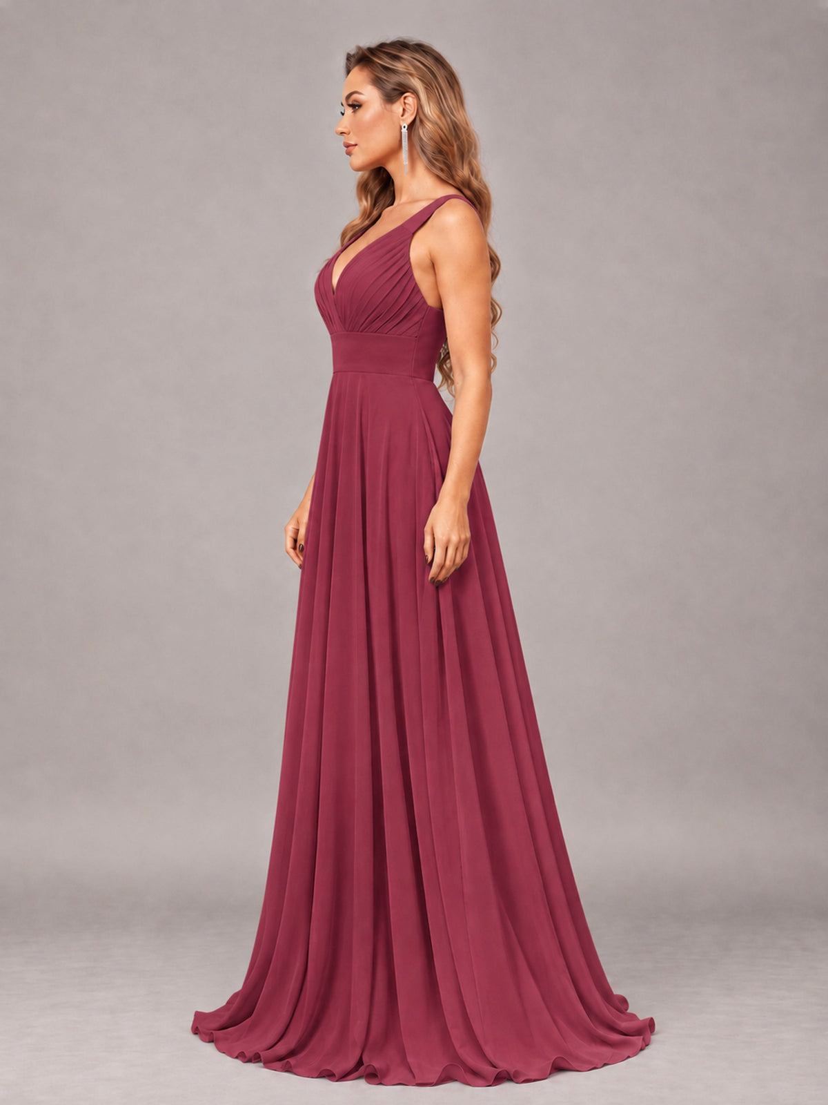 Cinnamon Rose Attractive Deep V-Neck Sleeveless Slit Chiffon Bridesmaid Dress