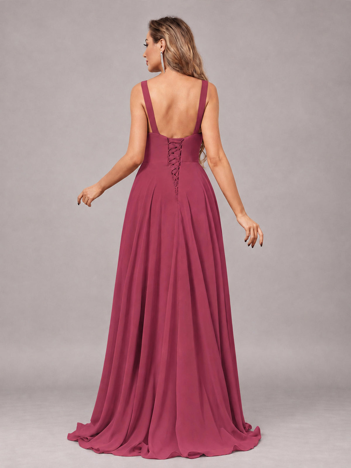 Cinnamon Rose Attractive Deep V-Neck Sleeveless Slit Chiffon Bridesmaid Dress