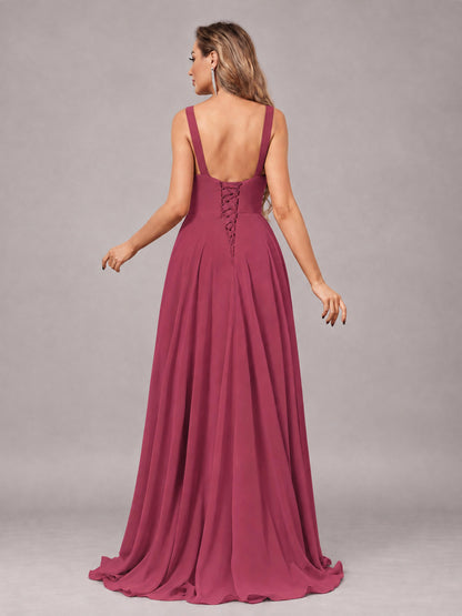 Cinnamon Rose Attractive Deep V-Neck Sleeveless Slit Chiffon Bridesmaid Dress