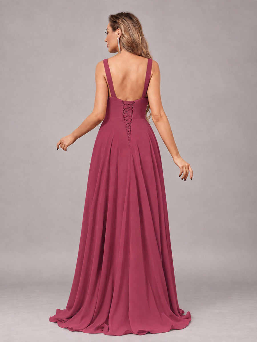 Cinnamon Rose Attractive Deep V-Neck Sleeveless Slit Chiffon Bridesmaid Dress