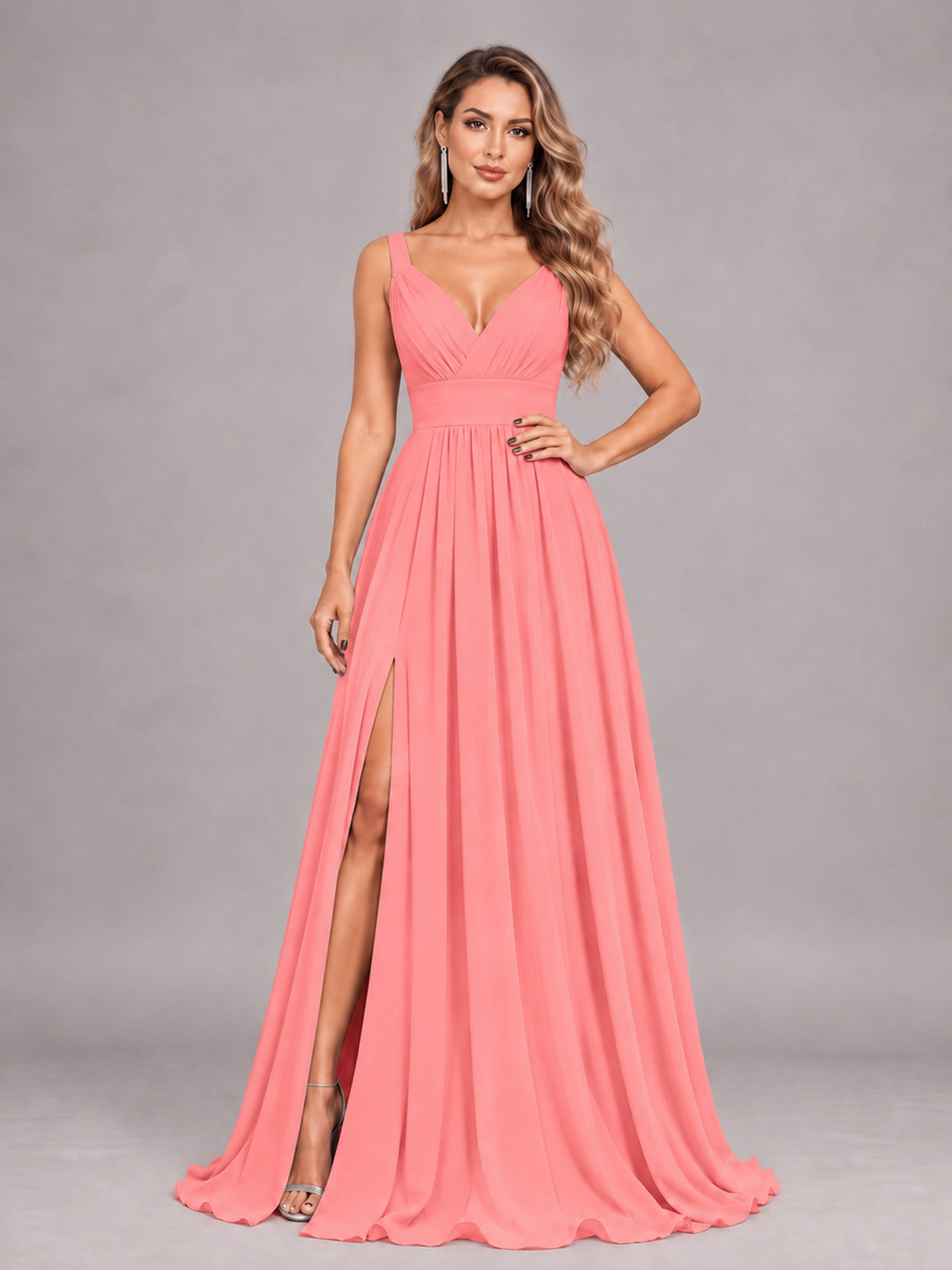 Coral Attractive Deep V-Neck Sleeveless Slit Chiffon Bridesmaid Dress