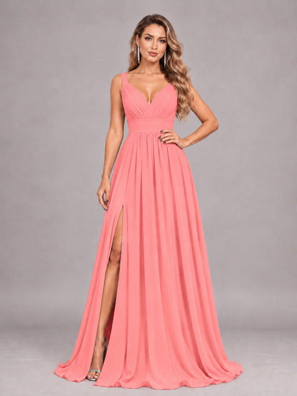 Coral Attractive Deep V-Neck Sleeveless Slit Chiffon Bridesmaid Dress