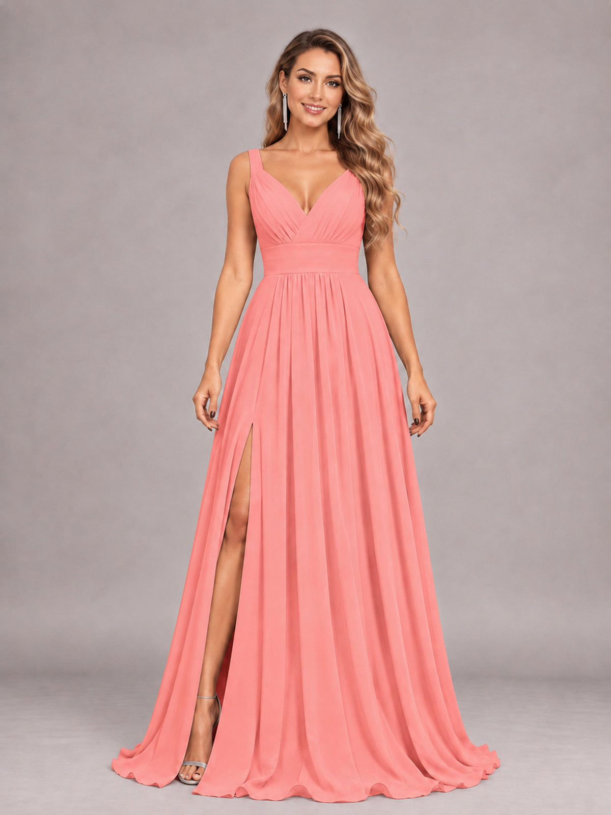 Coral Attractive Deep V-Neck Sleeveless Slit Chiffon Bridesmaid Dress