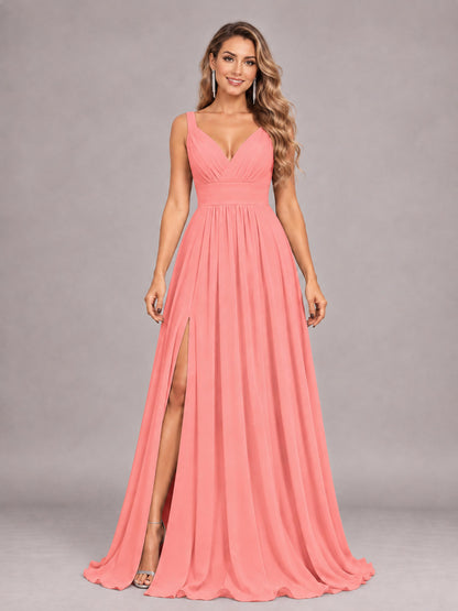 Coral Attractive Deep V-Neck Sleeveless Slit Chiffon Bridesmaid Dress
