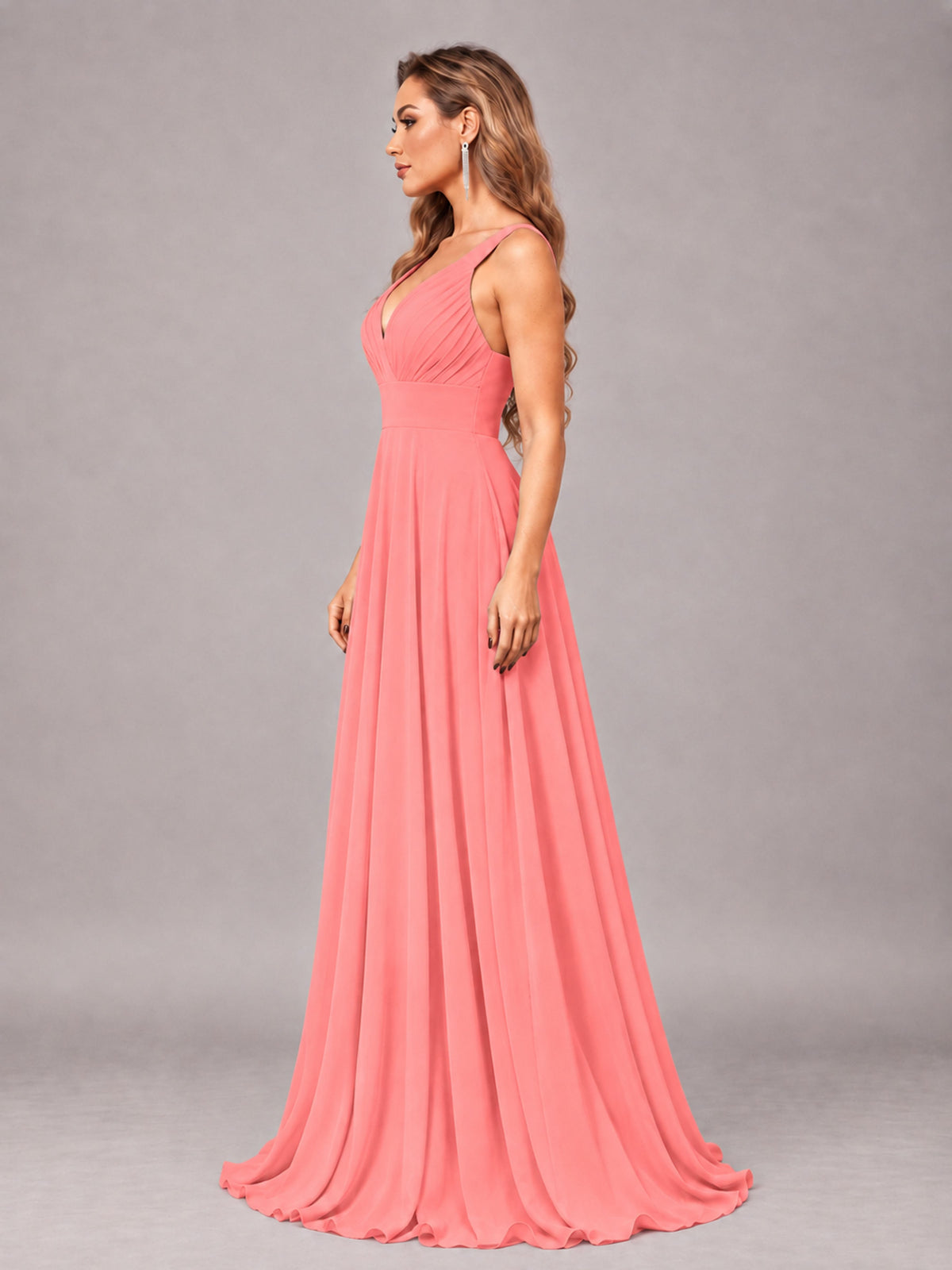 Coral Attractive Deep V-Neck Sleeveless Slit Chiffon Bridesmaid Dress