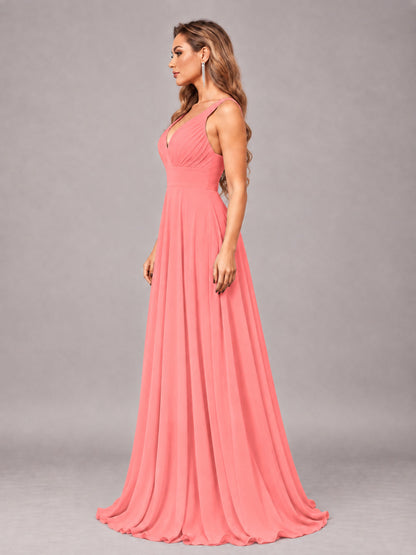 Coral Attractive Deep V-Neck Sleeveless Slit Chiffon Bridesmaid Dress