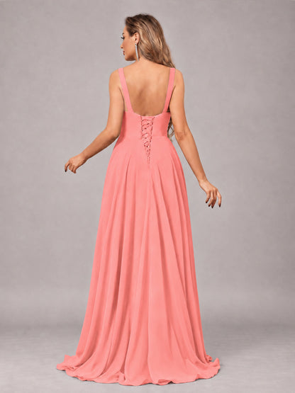 Coral Attractive Deep V-Neck Sleeveless Slit Chiffon Bridesmaid Dress