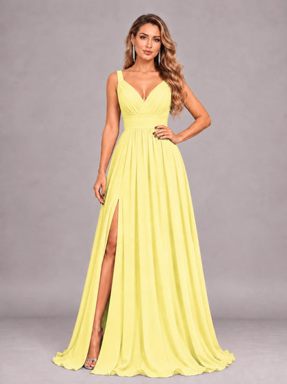 Daffodil Attractive Deep V-Neck Sleeveless Slit Chiffon Bridesmaid Dress