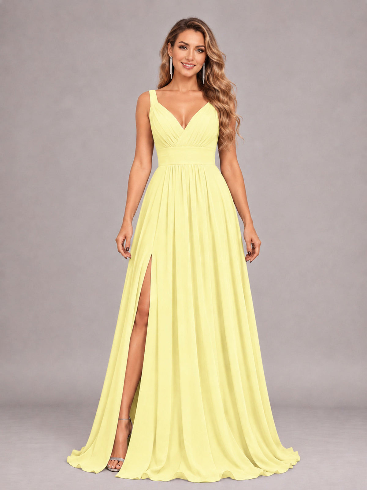 Daffodil Attractive Deep V-Neck Sleeveless Slit Chiffon Bridesmaid Dress