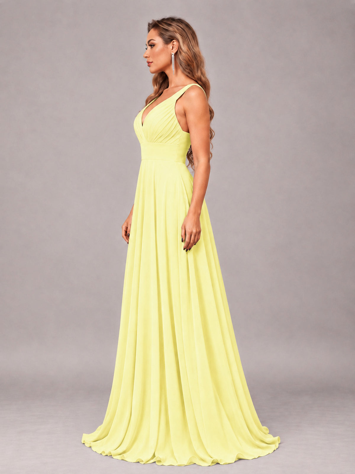 Daffodil Attractive Deep V-Neck Sleeveless Slit Chiffon Bridesmaid Dress