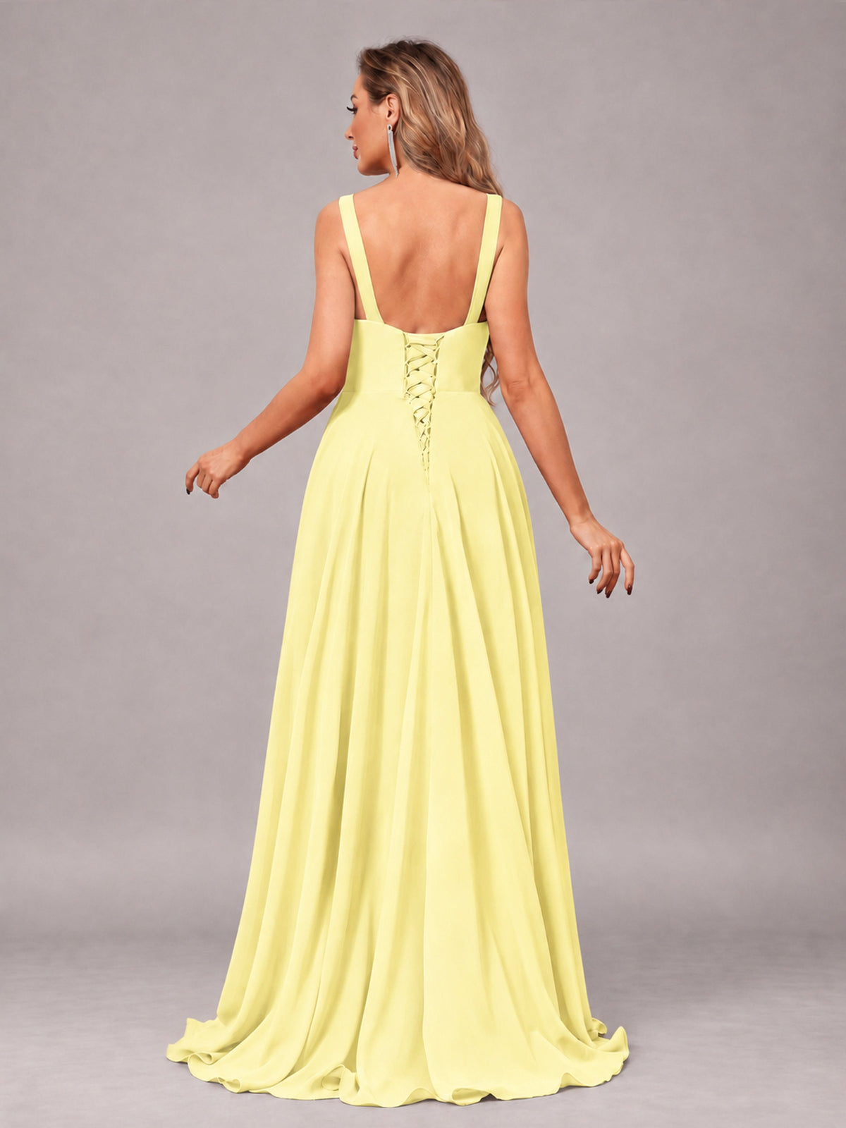 Daffodil Attractive Deep V-Neck Sleeveless Slit Chiffon Bridesmaid Dress