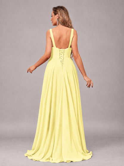 Daffodil Attractive Deep V-Neck Sleeveless Slit Chiffon Bridesmaid Dress