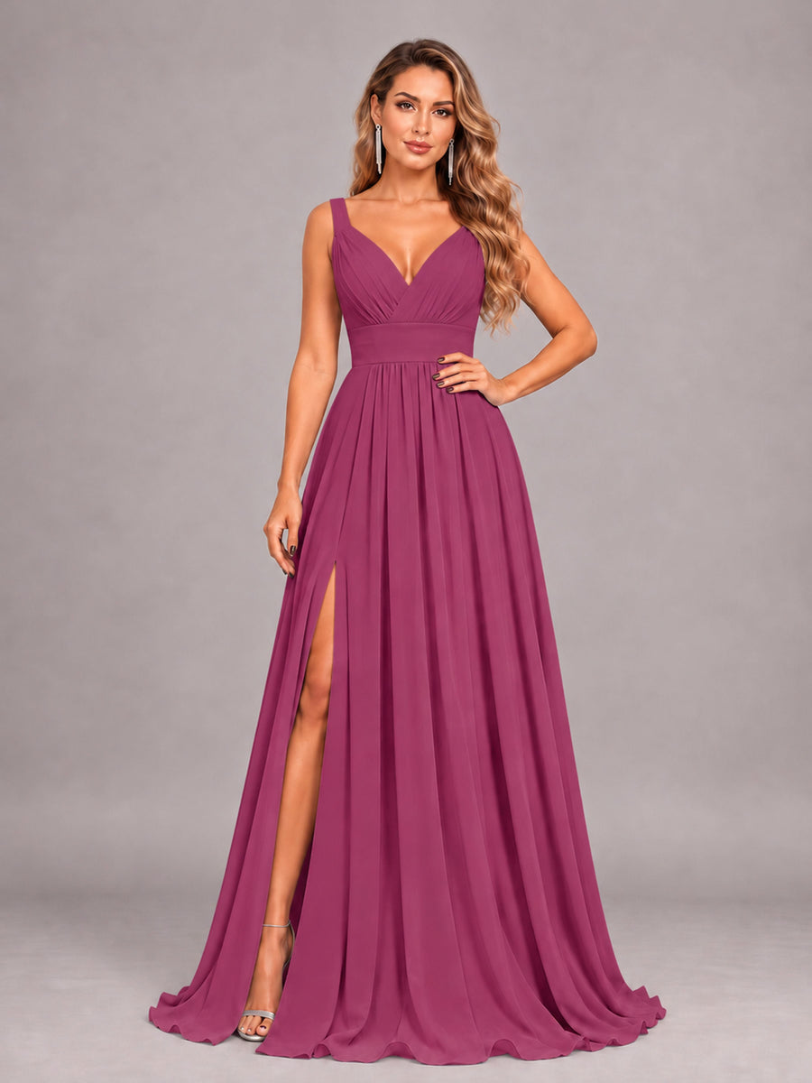 Desert Rose Attractive Deep V-Neck Sleeveless Slit Chiffon Bridesmaid Dress