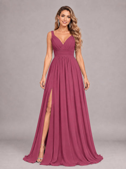 Desert Rose Attractive Deep V-Neck Sleeveless Slit Chiffon Bridesmaid Dress