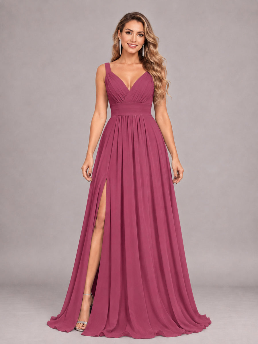 Desert Rose Attractive Deep V-Neck Sleeveless Slit Chiffon Bridesmaid Dress