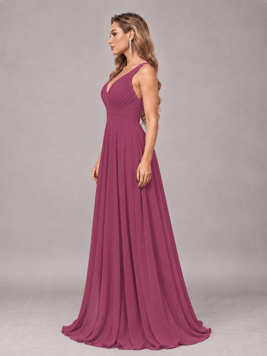Desert Rose Attractive Deep V-Neck Sleeveless Slit Chiffon Bridesmaid Dress