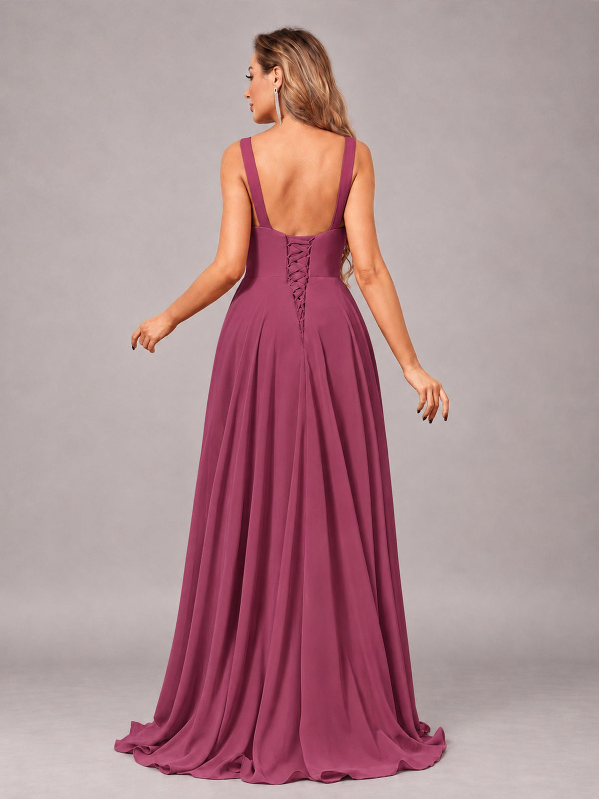 Desert Rose Attractive Deep V-Neck Sleeveless Slit Chiffon Bridesmaid Dress