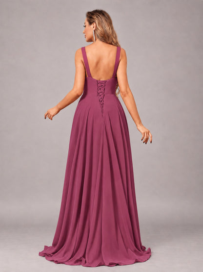 Desert Rose Attractive Deep V-Neck Sleeveless Slit Chiffon Bridesmaid Dress
