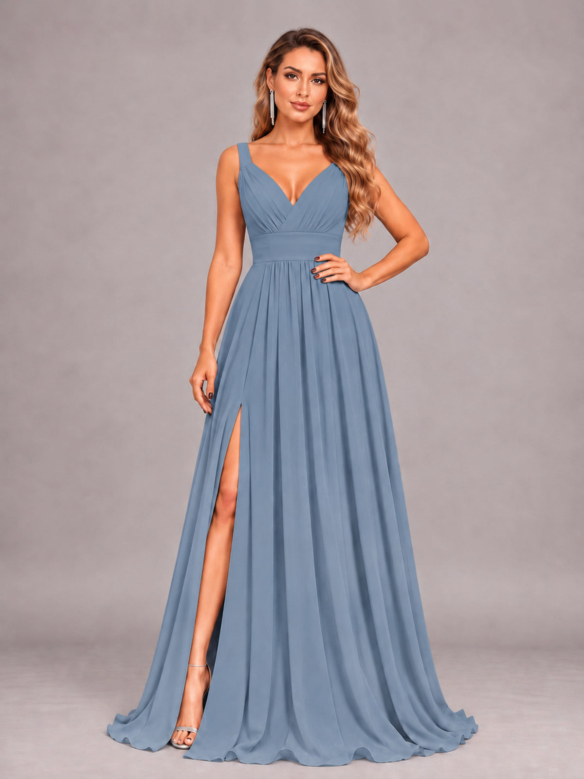 Dusty Blue Attractive Deep V-Neck Sleeveless Slit Chiffon Bridesmaid Dress