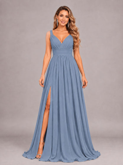 Dusty Blue Attractive Deep V-Neck Sleeveless Slit Chiffon Bridesmaid Dress