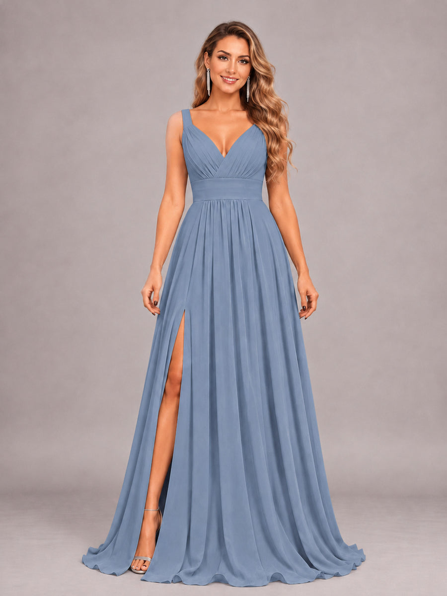 Dusty Blue Attractive Deep V-Neck Sleeveless Slit Chiffon Bridesmaid Dress