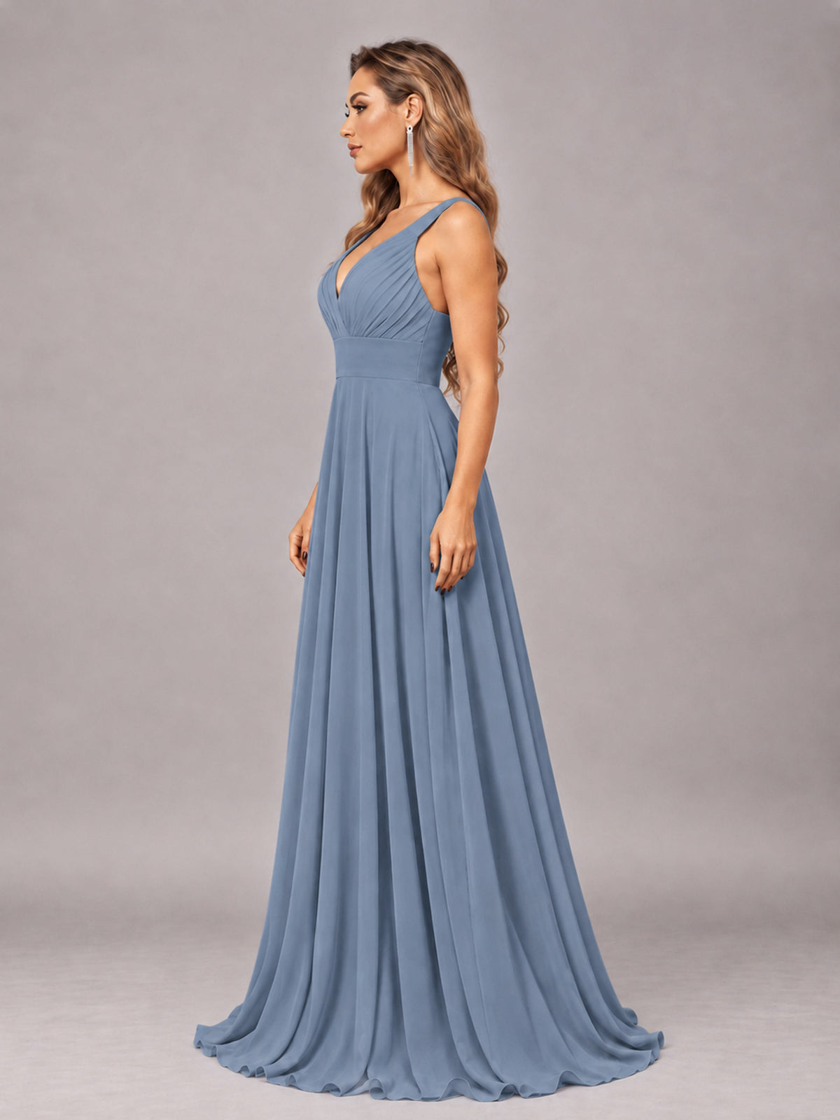 Dusty Blue Attractive Deep V-Neck Sleeveless Slit Chiffon Bridesmaid Dress