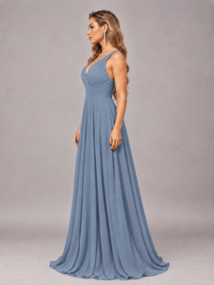 Dusty Blue Attractive Deep V-Neck Sleeveless Slit Chiffon Bridesmaid Dress