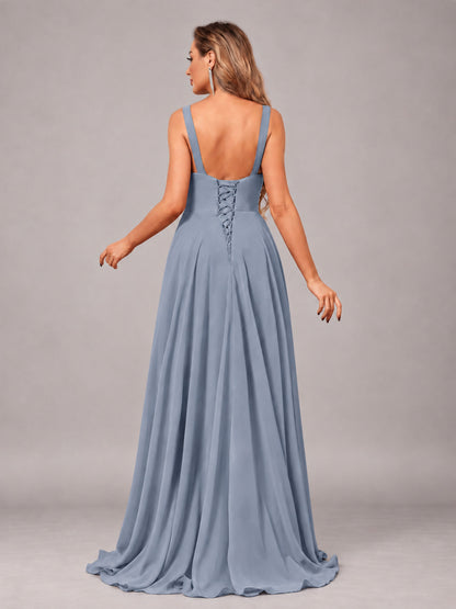 Dusty Blue Attractive Deep V-Neck Sleeveless Slit Chiffon Bridesmaid Dress