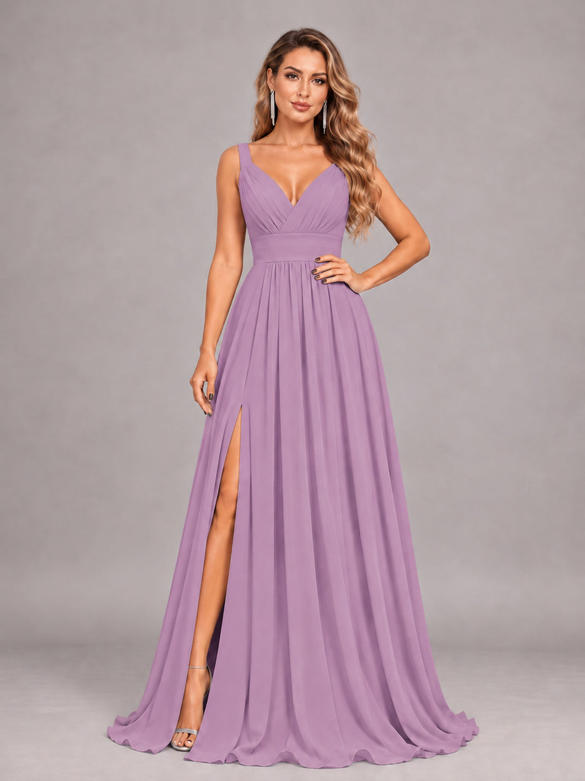 Dusty Purple Attractive Deep V-Neck Sleeveless Slit Chiffon Bridesmaid Dress