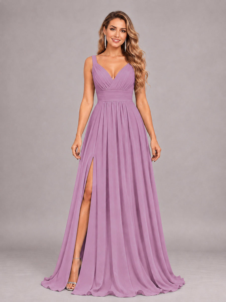 Dusty Purple Attractive Deep V-Neck Sleeveless Slit Chiffon Bridesmaid Dress
