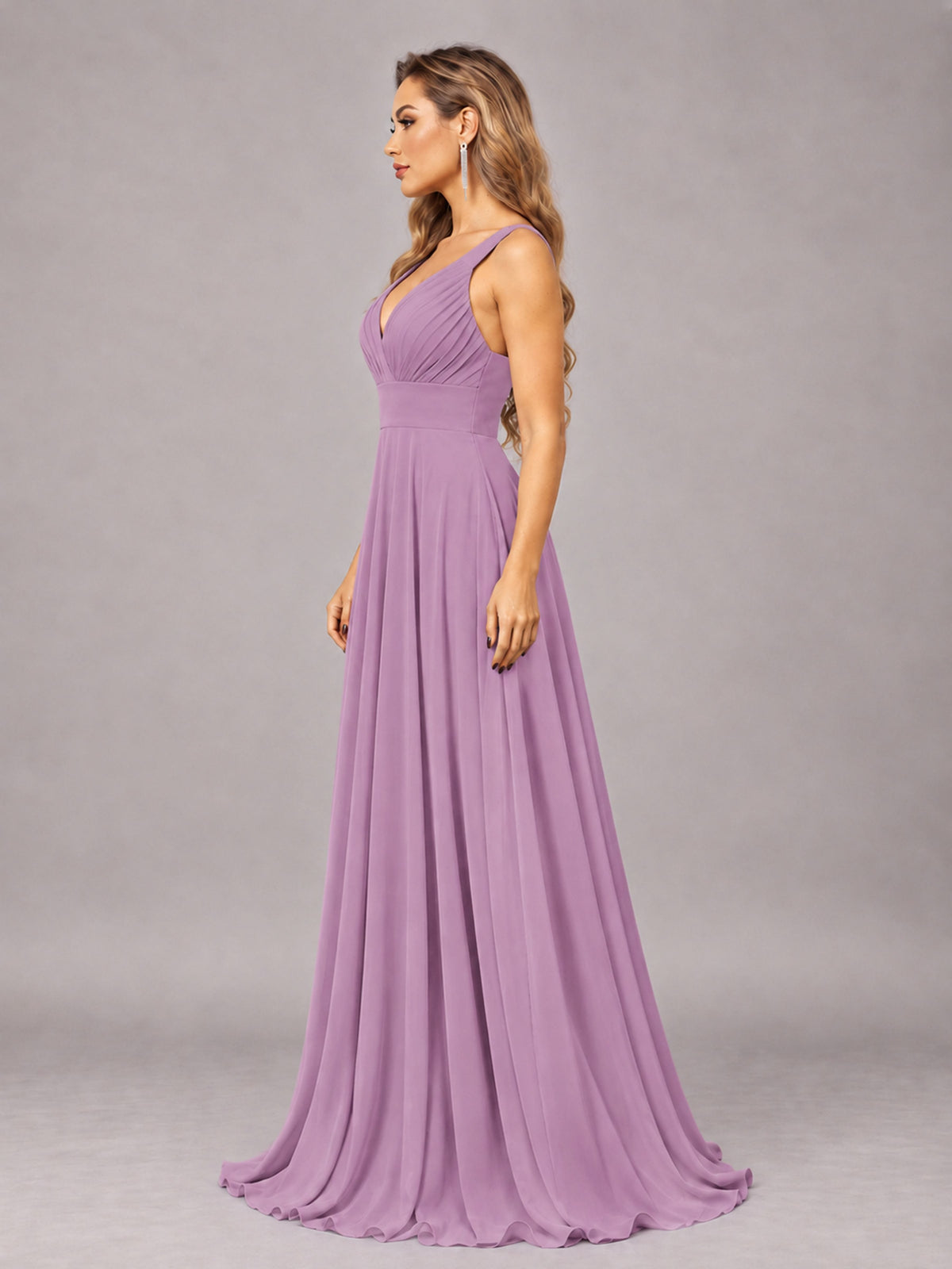 Dusty Purple Attractive Deep V-Neck Sleeveless Slit Chiffon Bridesmaid Dress